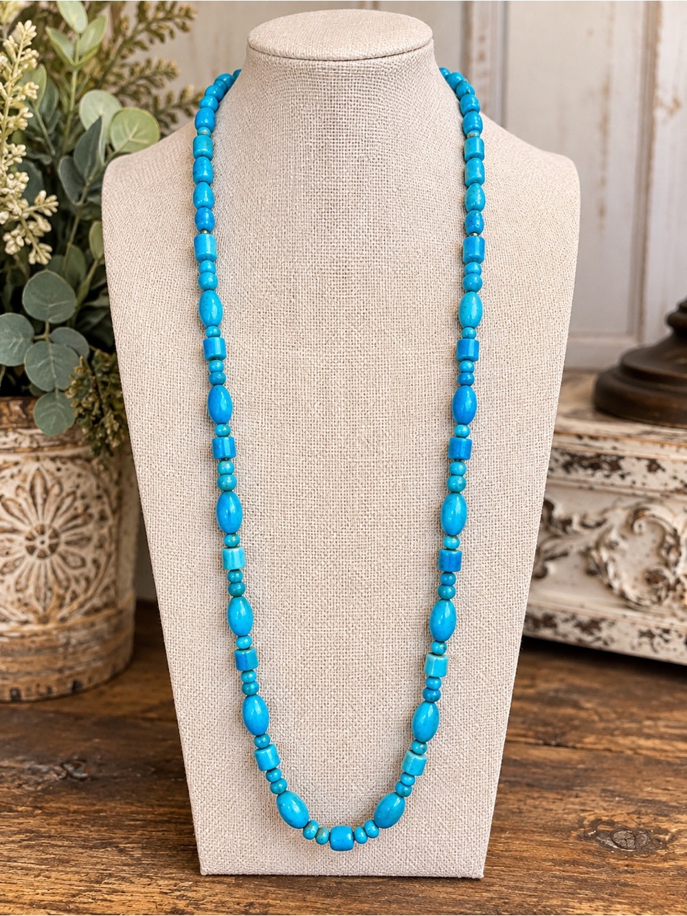 Turquoise Howlite Long Beaded Statement Necklace 34โ